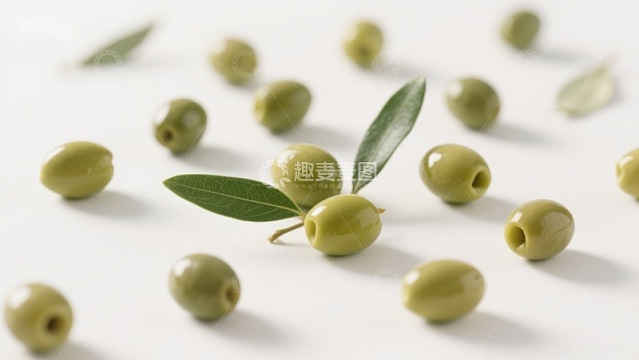 新鲜绿橄榄与枝叶的静物图