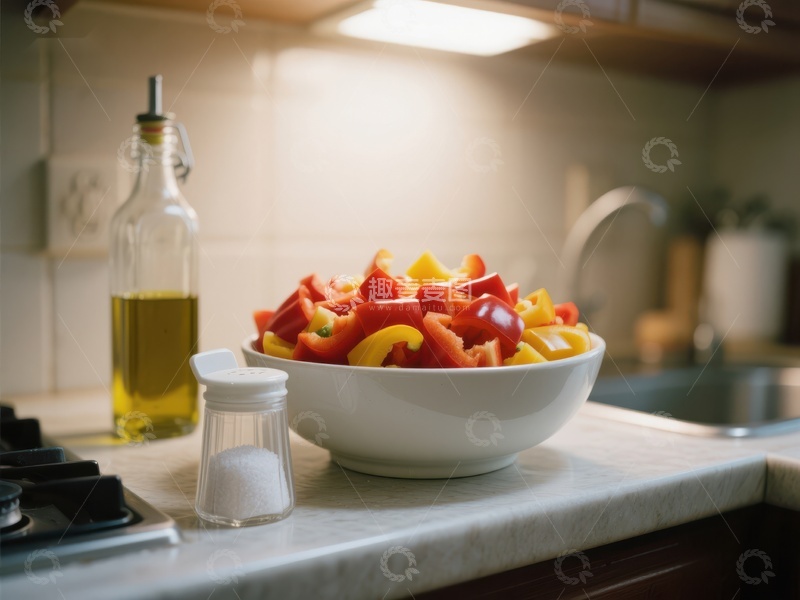 高清大图下载【趣麦麦图】厨房台面上的彩椒与调料
