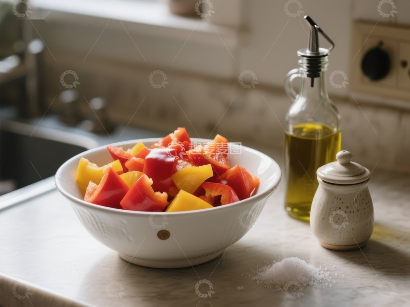 高清大图下载【趣麦麦图】切块彩椒与橄榄油的厨房静物