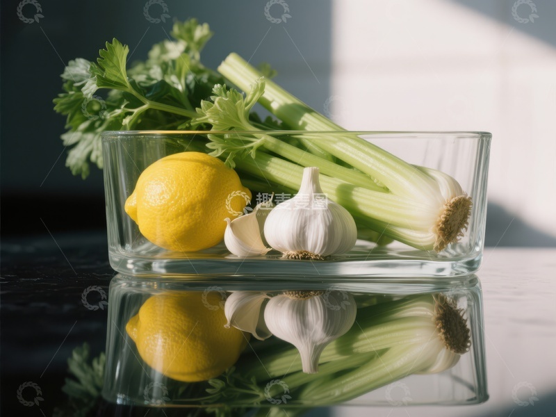 高清大图下载【趣麦麦图】透明碗中的柠檬、大蒜和芹菜