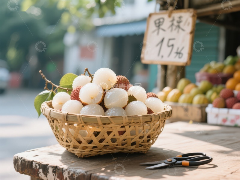 高清大图下载【趣麦麦图】新鲜荔枝摆摊售卖