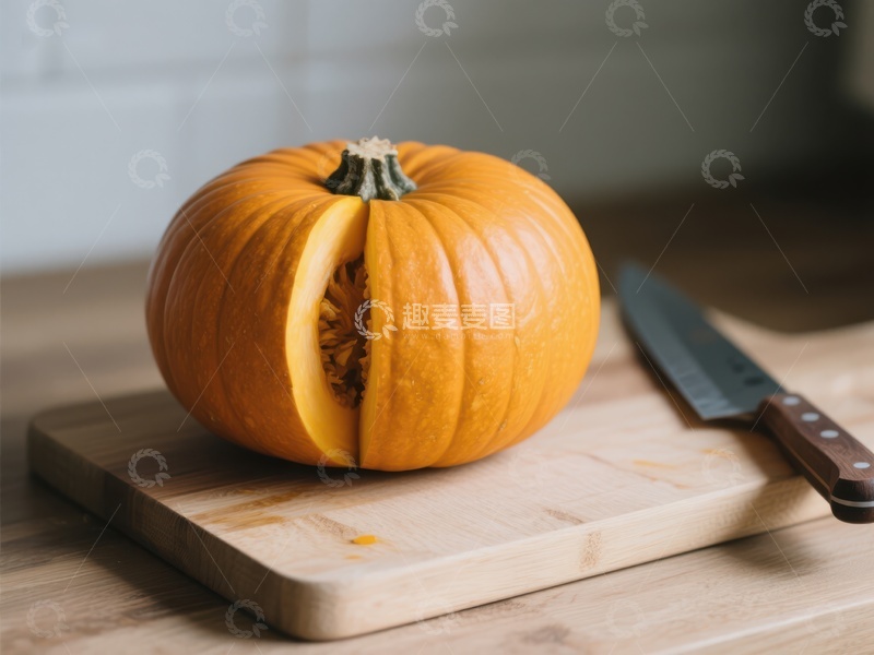 高清大图下载【趣麦麦图】切开的南瓜置于砧板上