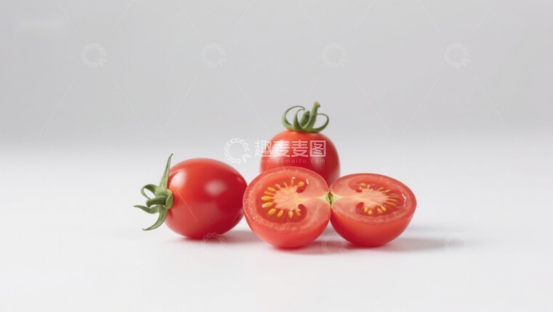 高清大图下载【趣麦麦图】新鲜樱桃番茄，一分为二展示内部