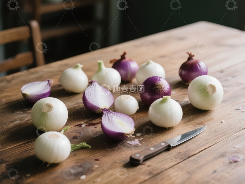 高清大图下载【趣麦麦图】新鲜洋葱整齐摆放于木质桌面