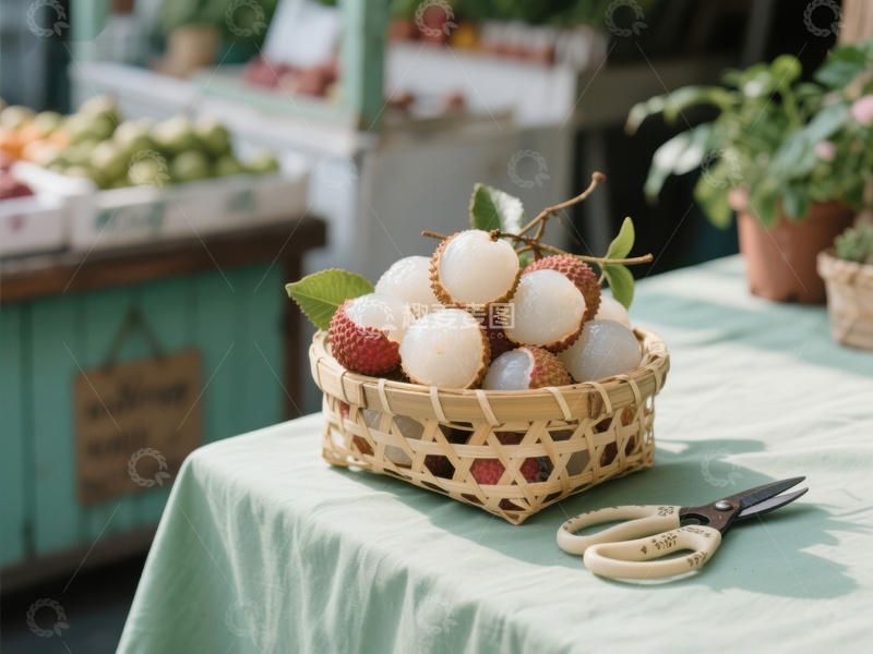 高清大图下载【趣麦麦图】新鲜荔枝摆放在竹篮中