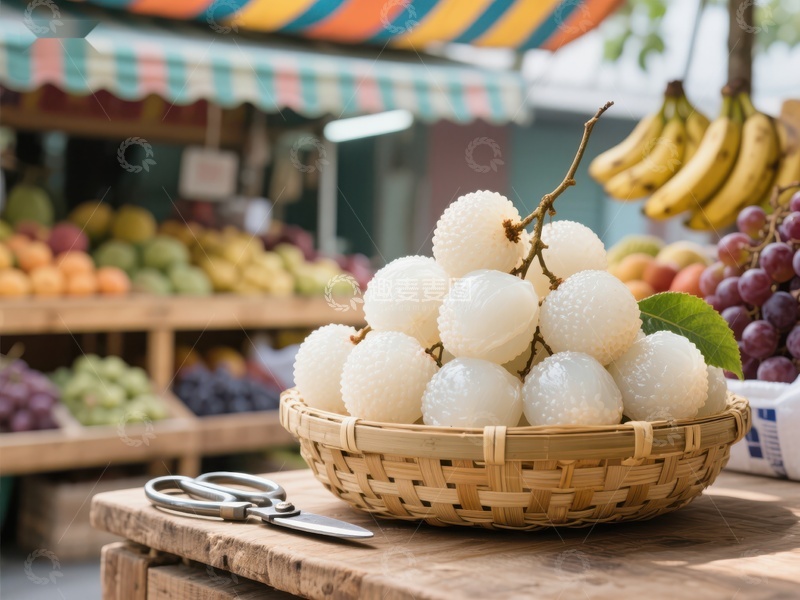 市场摊位上的新鲜荔枝
