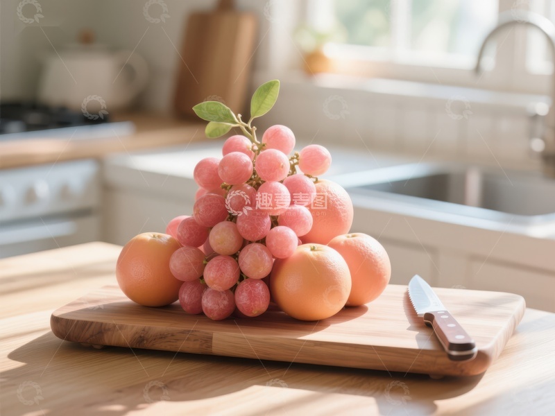 高清大图下载【趣麦麦图】厨房案板上的粉红葡萄与橙子
