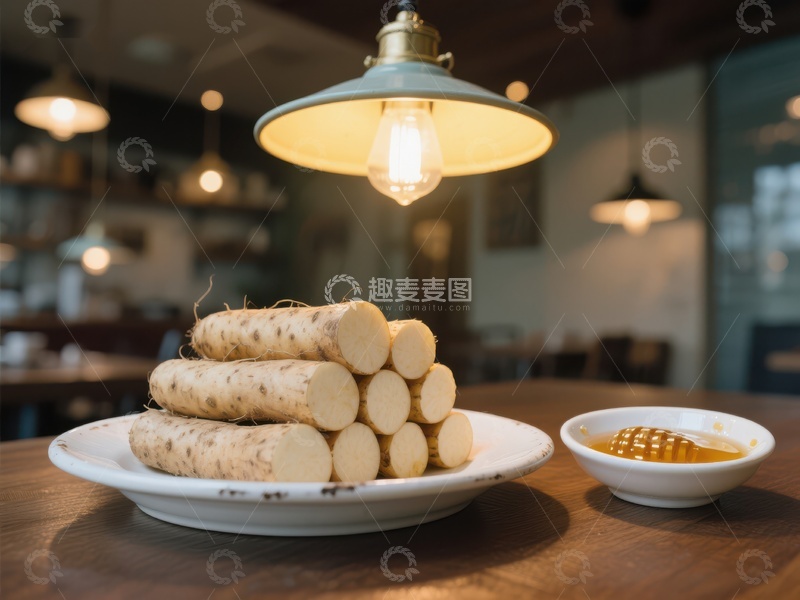 高清大图下载【趣麦麦图】新鲜山药配蜂蜜，温馨餐厅氛围