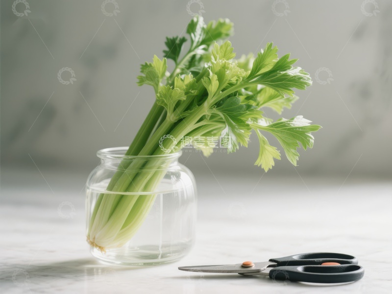 芹菜置于玻璃瓶中，旁置剪刀