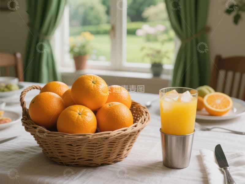 高清大图下载【趣麦麦图】橙子与果汁的早餐场景