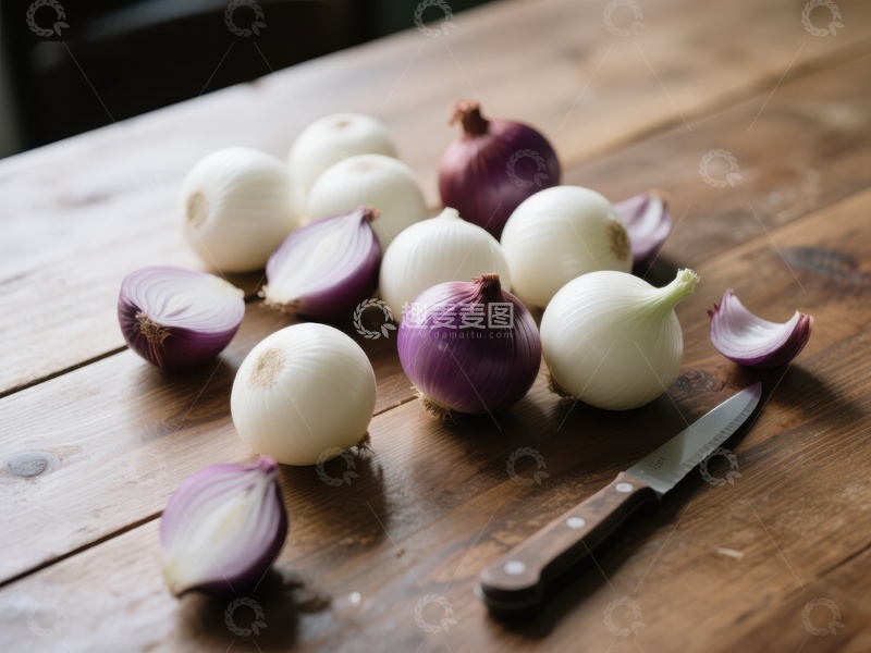 高清大图下载【趣麦麦图】新鲜洋葱与刀具置于木质桌面