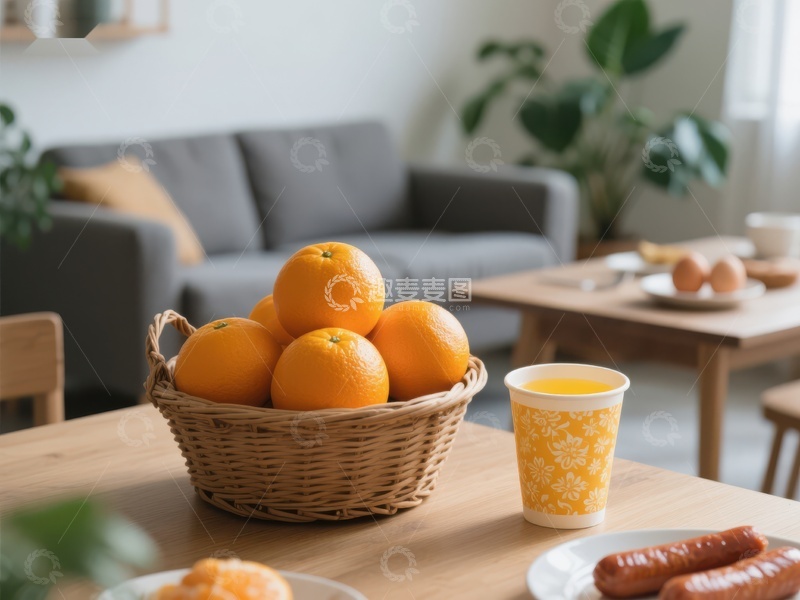 高清大图下载【趣麦麦图】客厅餐桌上的橙子与饮品