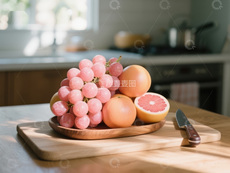 高清大图下载【趣麦麦图】厨房台面上的葡萄柚和粉红葡萄