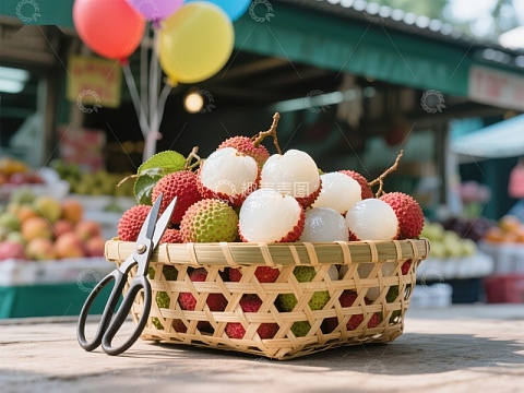 市场摊位上的荔枝篮