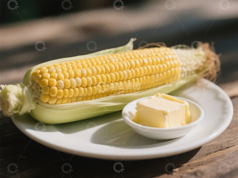 高清大图下载【趣麦麦图】新鲜玉米配黄油，置于盘中