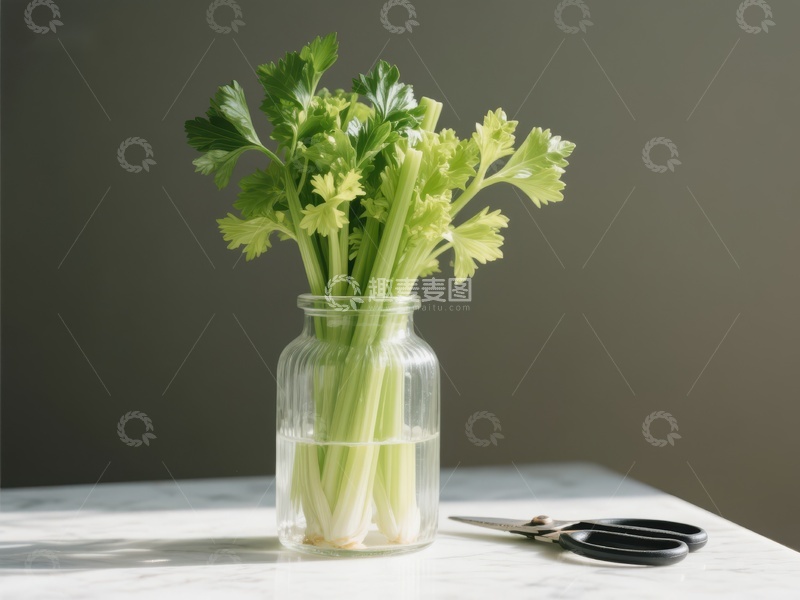 新鲜芹菜置于玻璃瓶中