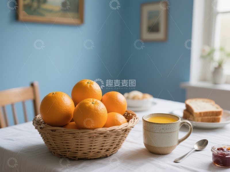 高清大图下载【趣麦麦图】早餐桌上摆放着橙子和面包