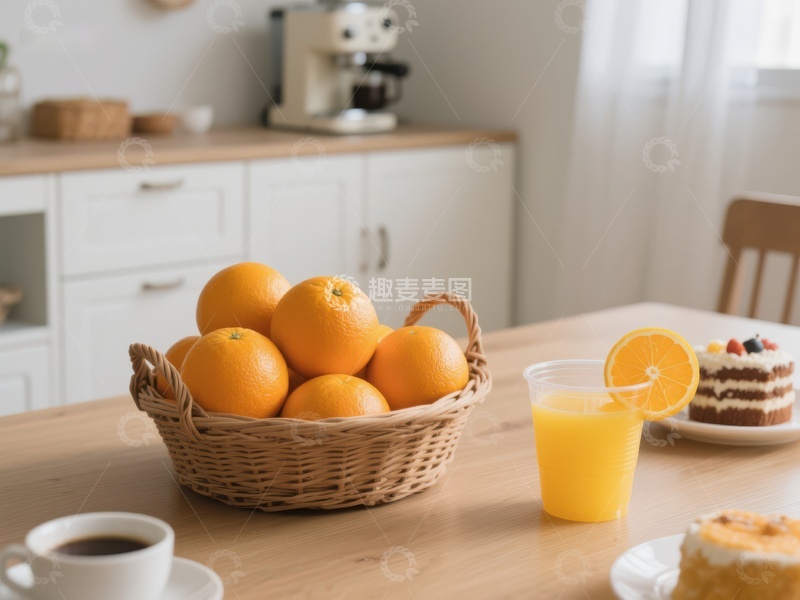高清大图下载【趣麦麦图】厨房早餐场景：橙子、果汁与蛋糕
