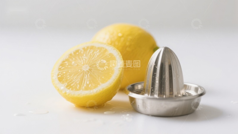 高清大图下载【趣麦麦图】新鲜柠檬与金属榨汁器