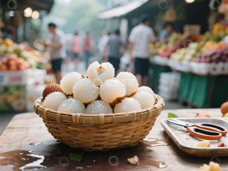市场摊位上的新鲜荔枝