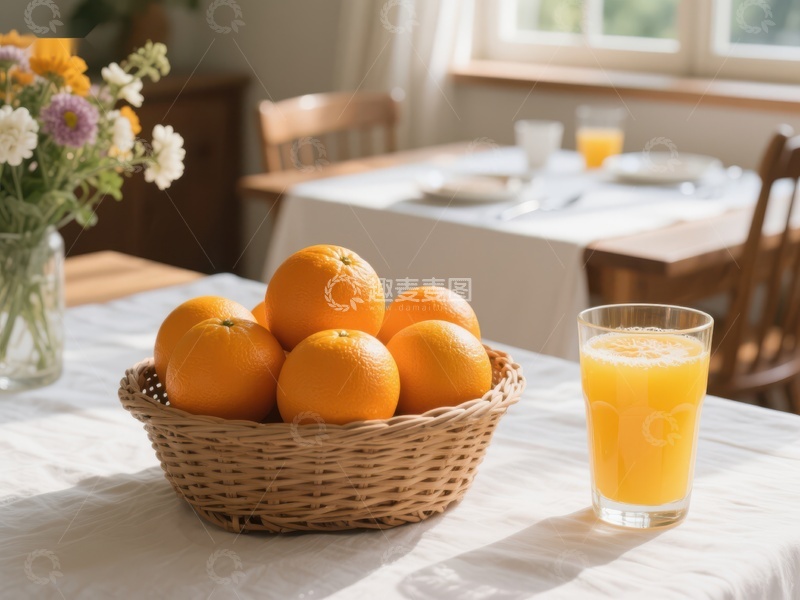 高清大图下载【趣麦麦图】橙子与果汁的温馨早餐场景