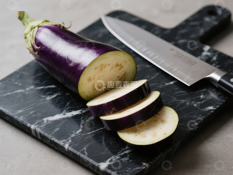 高清大图下载【趣麦麦图】切片茄子与刀具置于大理石砧板上