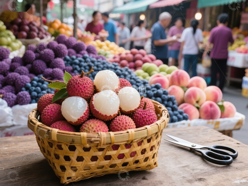 市场摊位上的新鲜荔枝与水果