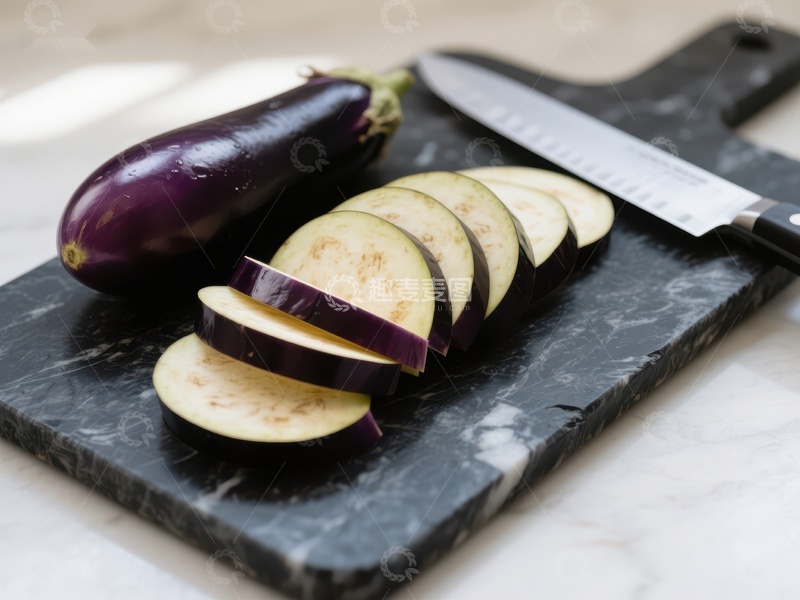 高清大图下载【趣麦麦图】切片茄子与刀具置于大理石砧板上
