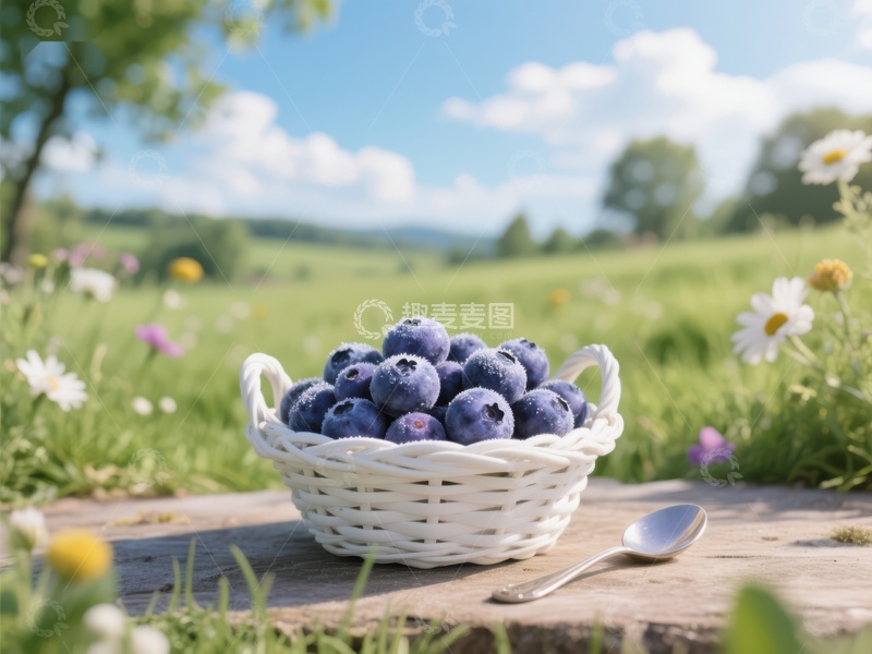高清大图下载【趣麦麦图】篮子里的蓝莓与田园风光
