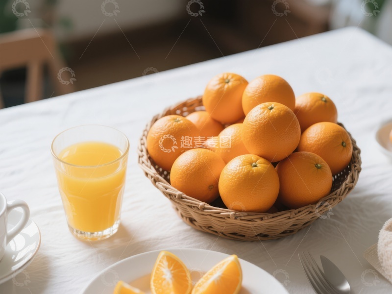 高清大图下载【趣麦麦图】新鲜橙子与果汁的早餐场景