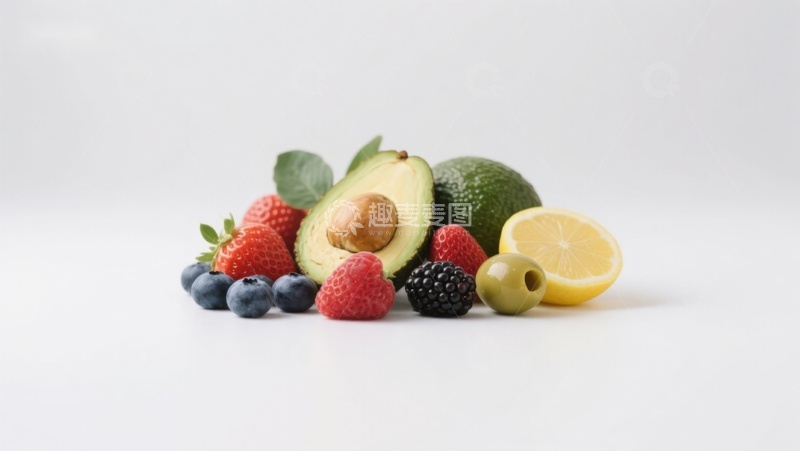 高清大图下载【趣麦麦图】新鲜水果组合，包括牛油果、浆果和柠檬