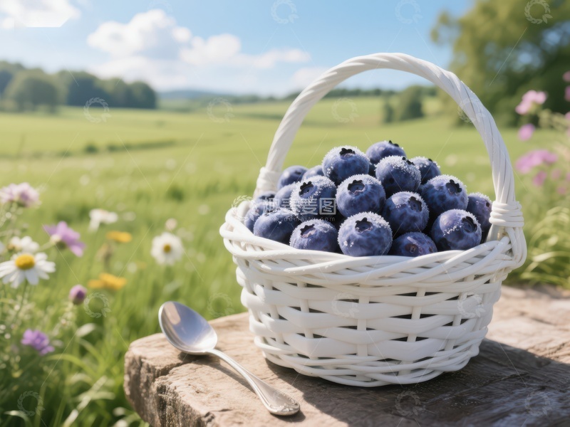 高清大图下载【趣麦麦图】篮子里的蓝莓与田园风光