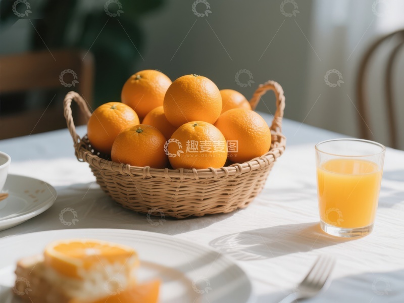 高清大图下载【趣麦麦图】橙子篮与果汁的早餐场景