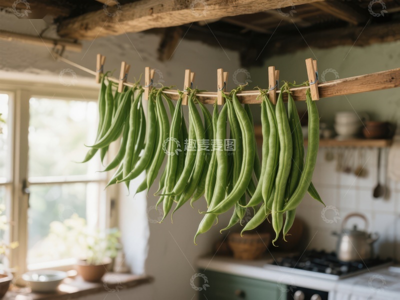 高清大图下载【趣麦麦图】厨房悬挂的绿色豆角