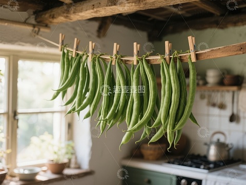 厨房悬挂的绿色豆角