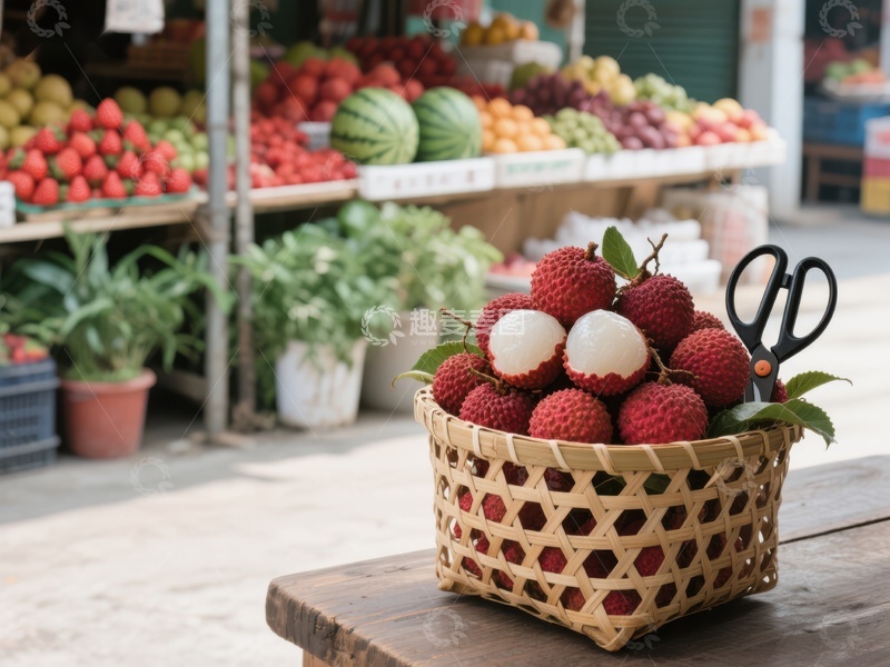 高清大图下载【趣麦麦图】新鲜荔枝摆放在竹篮中，背景为水果市场