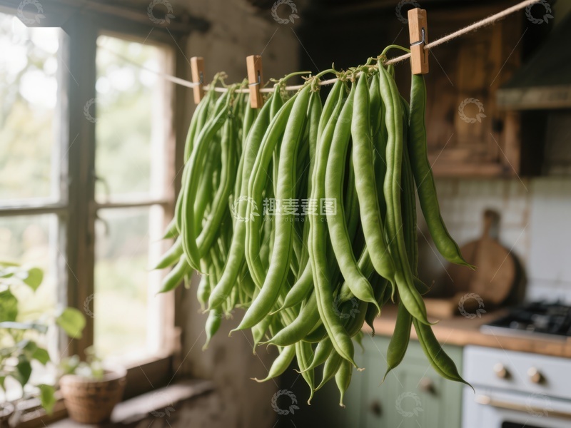 高清大图下载【趣麦麦图】厨房内悬挂的新鲜四季豆
