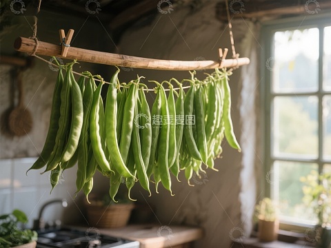 厨房悬挂的绿色豆荚