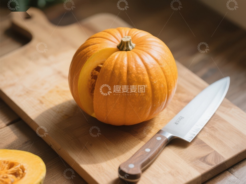 高清大图下载【趣麦麦图】切开的南瓜与刀具