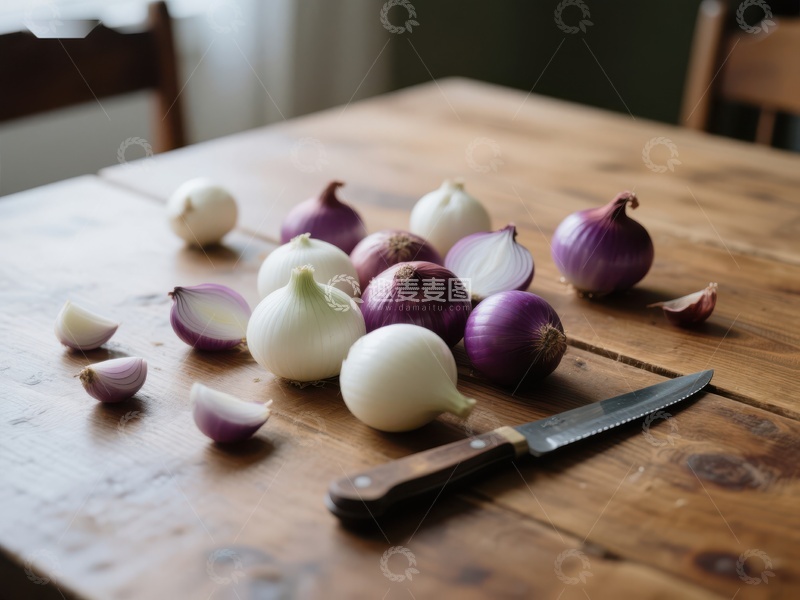 高清大图下载【趣麦麦图】木桌上摆放的洋葱与刀具