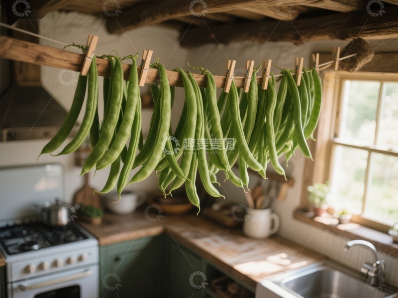 高清大图下载【趣麦麦图】厨房中悬挂晾干的四季豆