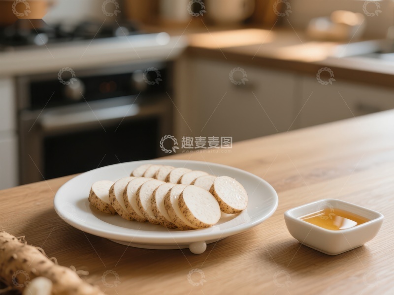 高清大图下载【趣麦麦图】厨房台面上的切片山药与蘸料