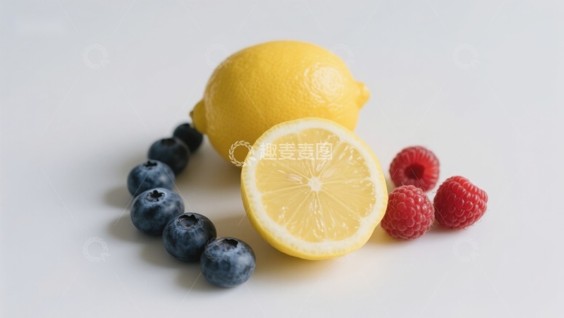 高清大图下载【趣麦麦图】新鲜柠檬蓝莓与覆盆子的组合