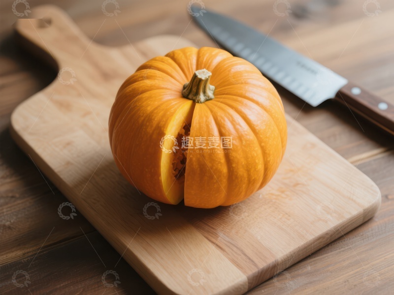 高清大图下载【趣麦麦图】切开的南瓜置于砧板上