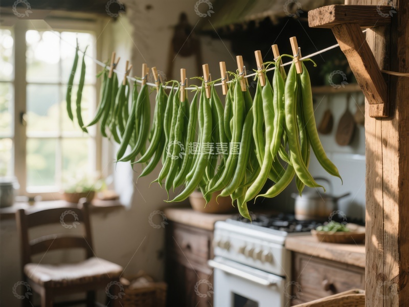 高清大图下载【趣麦麦图】厨房晾晒的绿色豆角