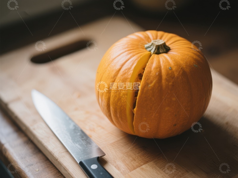 高清大图下载【趣麦麦图】切开的南瓜与刀具