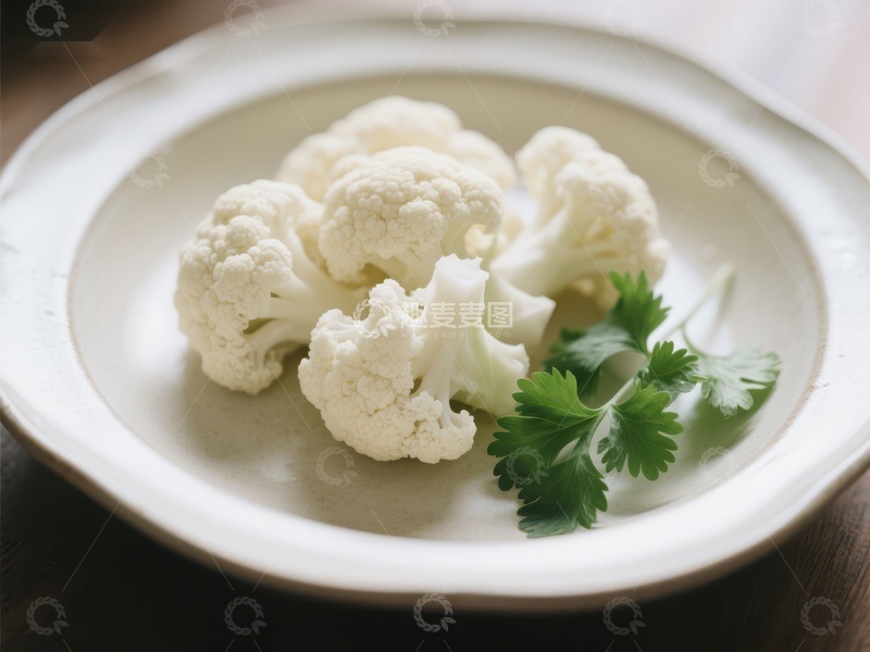 高清大图下载【趣麦麦图】新鲜花椰菜与香菜置于白盘