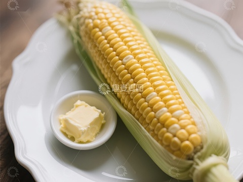 新鲜玉米配黄油，置于白色盘中