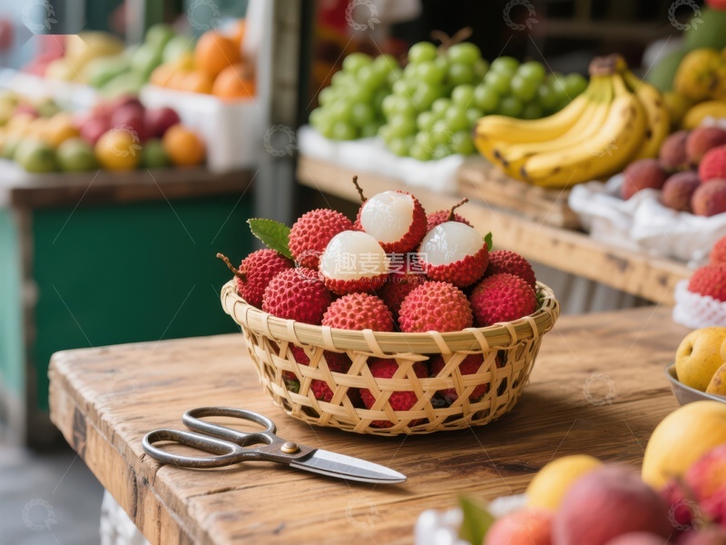 新鲜荔枝摆放在市场水果摊上