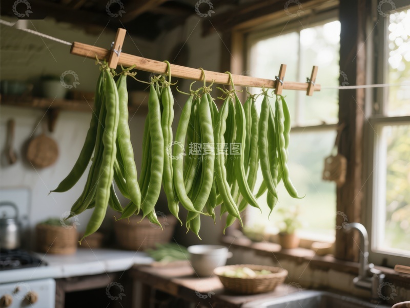高清大图下载【趣麦麦图】厨房悬挂的绿色豆荚